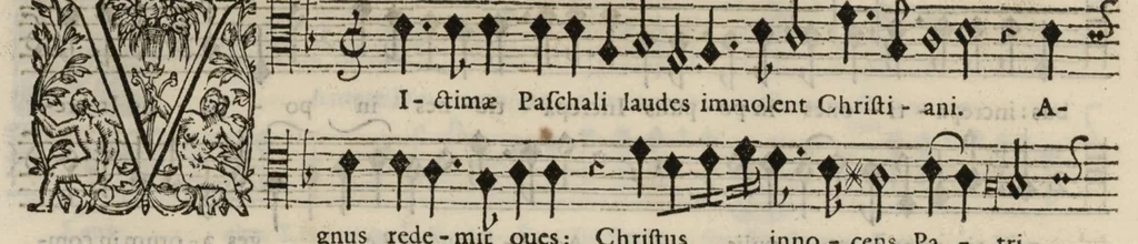 An illustration from Meslanges de sujets chrestiens, cantiques, litanies et motets. Mis en musique, à 2, 3, 4, & 5 parties, avec une Basse-continuë. Dediez à Madame la Duchesse d'Orleans. Par Estienne Moulinié de Languedoc, chef ordinaire de la musique de Son Altesse Royale Monseigneur le Duc d'Orleans.Taille haute., 1658, leaf 53