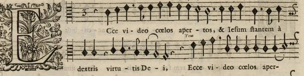 An illustration from Meslanges de sujets chrestiens, cantiques, litanies et motets. Mis en musique, à 2, 3, 4, & 5 parties, avec une Basse-continuë. Dediez à Madame la Duchesse d'Orleans. Par Estienne Moulinié de Languedoc, chef ordinaire de la musique de Son Altesse Royale Monseigneur le Duc d'Orleans.Taille haute., 1658, leaf 56