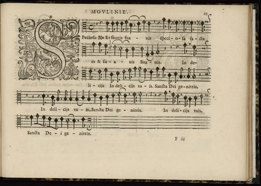 An illustration from Meslanges de sujets chrestiens, cantiques, litanies et motets. Mis en musique, à 2, 3, 4, & 5 parties, avec une Basse-continuë. Dediez à Madame la Duchesse d'Orleans. Par Estienne Moulinié de Languedoc, chef ordinaire de la musique de Son Altesse Royale Monseigneur le Duc d'Orleans.Taille haute., 1658, leaf 58