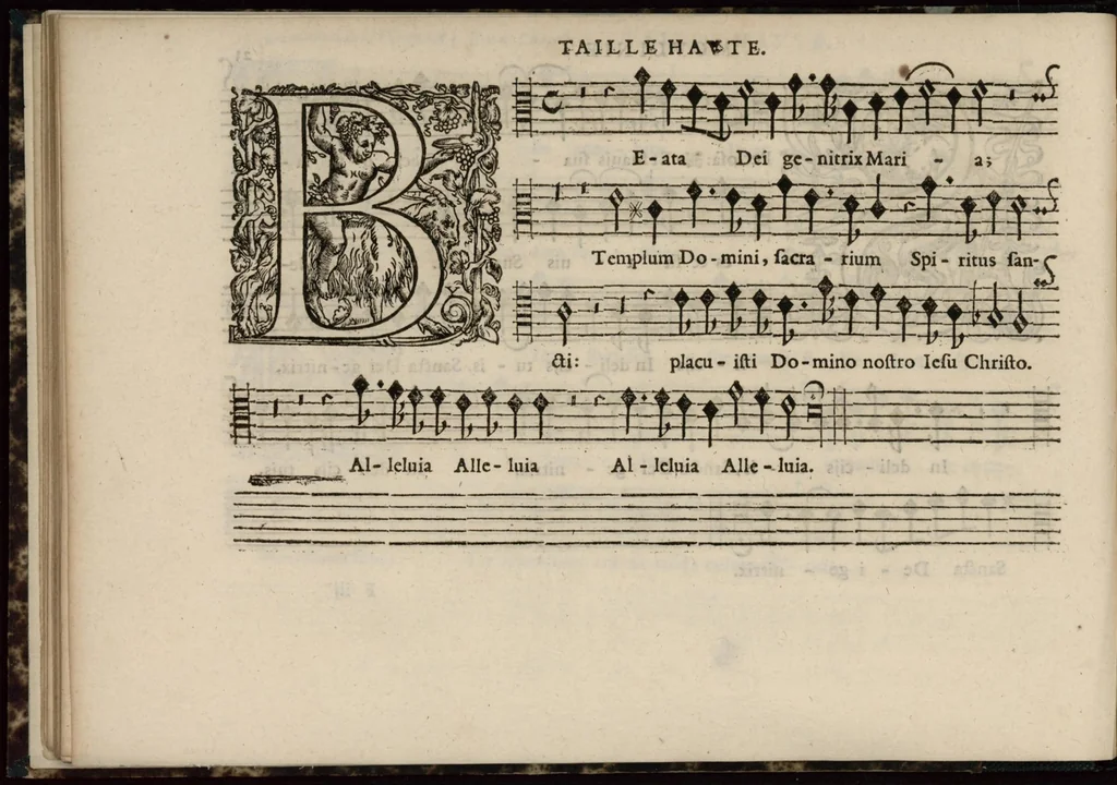 An illustration from Meslanges de sujets chrestiens, cantiques, litanies et motets. Mis en musique, à 2, 3, 4, & 5 parties, avec une Basse-continuë. Dediez à Madame la Duchesse d'Orleans. Par Estienne Moulinié de Languedoc, chef ordinaire de la musique de Son Altesse Royale Monseigneur le Duc d'Orleans.Taille haute., 1658, leaf 59