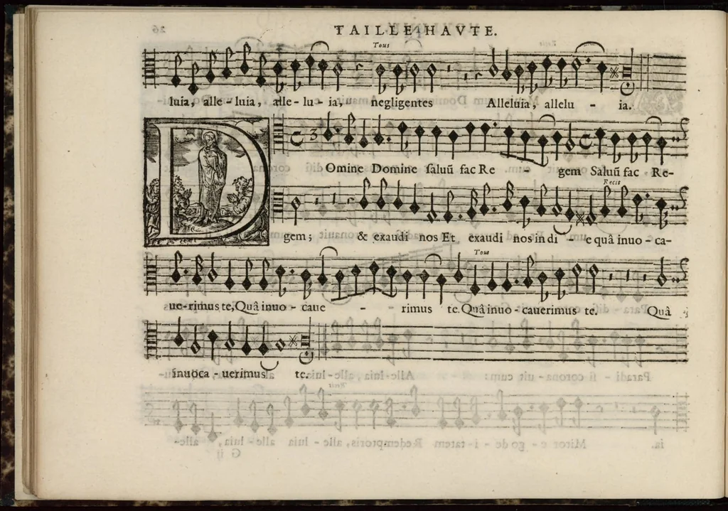 An illustration from Meslanges de sujets chrestiens, cantiques, litanies et motets. Mis en musique, à 2, 3, 4, & 5 parties, avec une Basse-continuë. Dediez à Madame la Duchesse d'Orleans. Par Estienne Moulinié de Languedoc, chef ordinaire de la musique de Son Altesse Royale Monseigneur le Duc d'Orleans.Taille haute., 1658, leaf 65