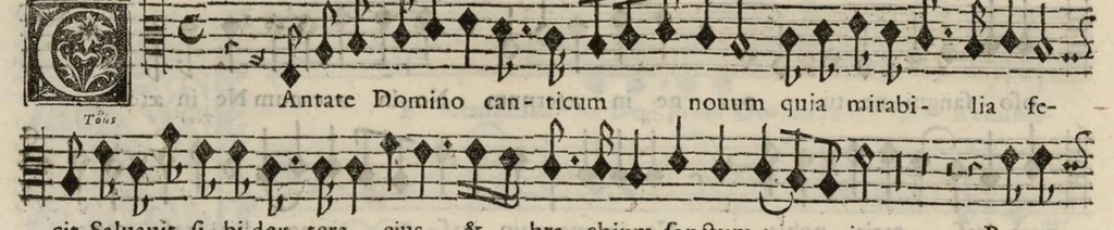 An illustration from Meslanges de sujets chrestiens, cantiques, litanies et motets. Mis en musique, à 2, 3, 4, & 5 parties, avec une Basse-continuë. Dediez à Madame la Duchesse d'Orleans. Par Estienne Moulinié de Languedoc, chef ordinaire de la musique de Son Altesse Royale Monseigneur le Duc d'Orleans.Taille haute., 1658, leaf 73
