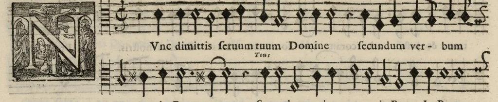 An illustration from Meslanges de sujets chrestiens, cantiques, litanies et motets. Mis en musique, à 2, 3, 4, & 5 parties, avec une Basse-continuë. Dediez à Madame la Duchesse d'Orleans. Par Estienne Moulinié de Languedoc, chef ordinaire de la musique de Son Altesse Royale Monseigneur le Duc d'Orleans.Taille haute., 1658, leaf 77