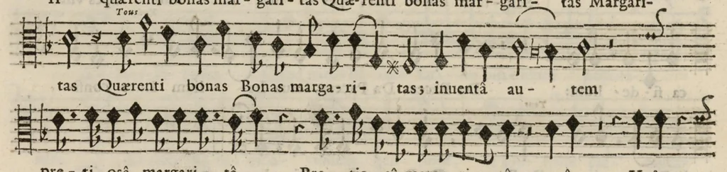 An illustration from Meslanges de sujets chrestiens, cantiques, litanies et motets. Mis en musique, à 2, 3, 4, & 5 parties, avec une Basse-continuë. Dediez à Madame la Duchesse d'Orleans. Par Estienne Moulinié de Languedoc, chef ordinaire de la musique de Son Altesse Royale Monseigneur le Duc d'Orleans.Taille haute., 1658, leaf 79