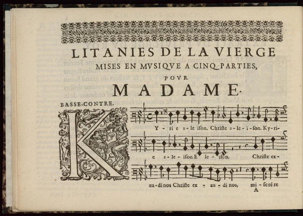 An illustration from Meslanges de sujets chrestiens, cantiques, litanies et motets. Mis en musique, à 2, 3, 4, & 5 parties, avec une Basse-continuë. Dediez à Madame la Duchesse d'Orleans. Par Estienne Moulinié de Languedoc, chef ordinaire de la musique de Son Altesse Royale Monseigneur le Duc d'Orleans. Basse., 1658, leaf 15