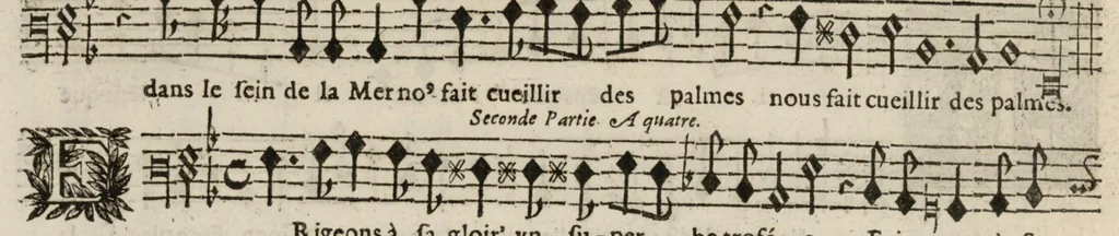 An illustration from Meslanges de sujets chrestiens, cantiques, litanies et motets. Mis en musique, à 2, 3, 4, & 5 parties, avec une Basse-continuë. Dediez à Madame la Duchesse d'Orleans. Par Estienne Moulinié de Languedoc, chef ordinaire de la musique de Son Altesse Royale Monseigneur le Duc d'Orleans. Basse., 1658, leaf 23