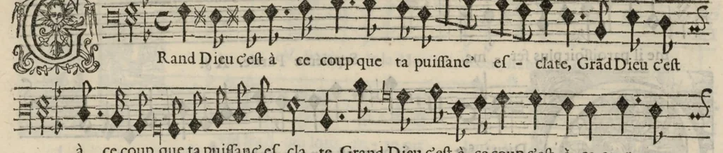 An illustration from Meslanges de sujets chrestiens, cantiques, litanies et motets. Mis en musique, à 2, 3, 4, & 5 parties, avec une Basse-continuë. Dediez à Madame la Duchesse d'Orleans. Par Estienne Moulinié de Languedoc, chef ordinaire de la musique de Son Altesse Royale Monseigneur le Duc d'Orleans. Basse., 1658, leaf 26