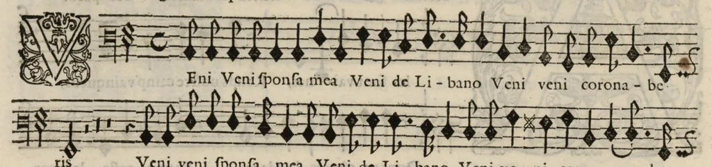 An illustration from Meslanges de sujets chrestiens, cantiques, litanies et motets. Mis en musique, à 2, 3, 4, & 5 parties, avec une Basse-continuë. Dediez à Madame la Duchesse d'Orleans. Par Estienne Moulinié de Languedoc, chef ordinaire de la musique de Son Altesse Royale Monseigneur le Duc d'Orleans. Basse., 1658, leaf 37