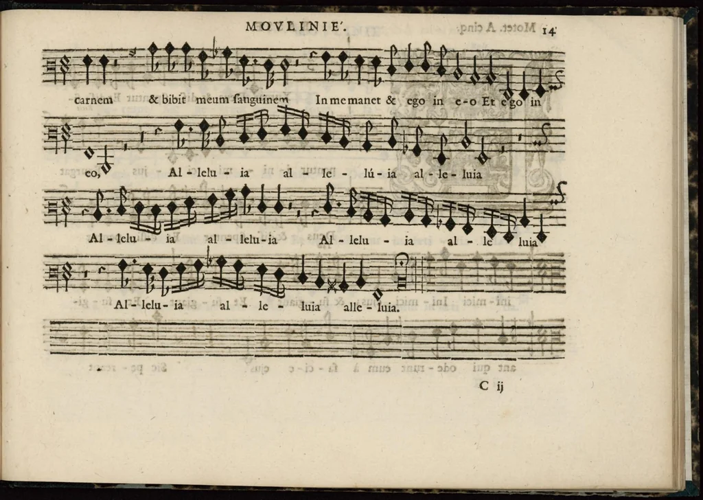 An illustration from Meslanges de sujets chrestiens, cantiques, litanies et motets. Mis en musique, à 2, 3, 4, & 5 parties, avec une Basse-continuë. Dediez à Madame la Duchesse d'Orleans. Par Estienne Moulinié de Languedoc, chef ordinaire de la musique de Son Altesse Royale Monseigneur le Duc d'Orleans. Basse., 1658, leaf 40