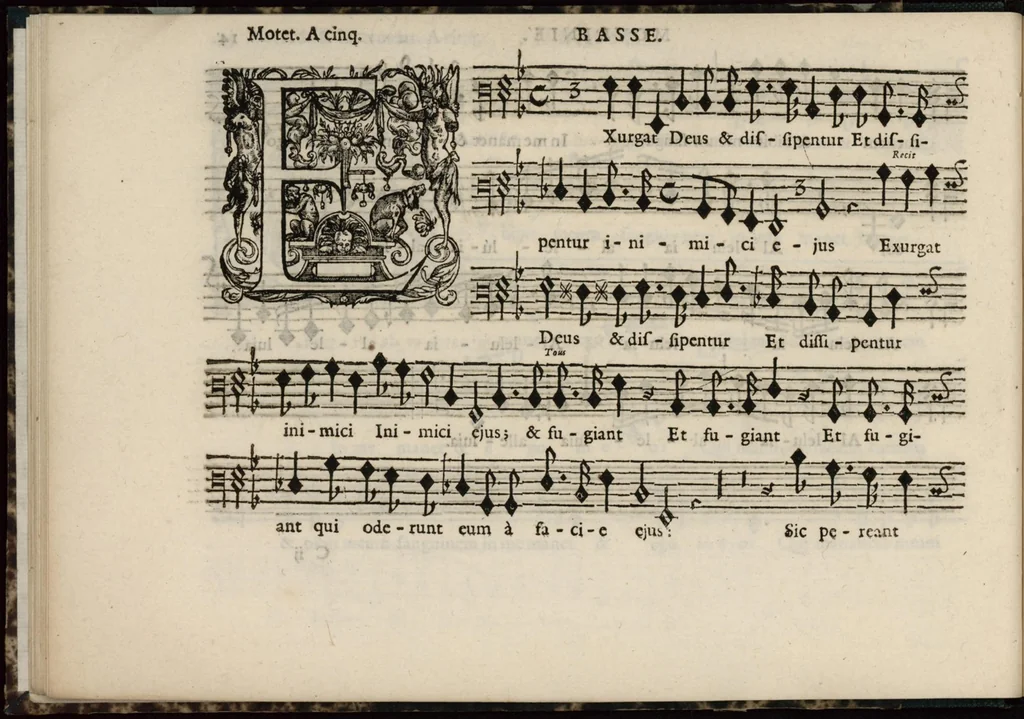 An illustration from Meslanges de sujets chrestiens, cantiques, litanies et motets. Mis en musique, à 2, 3, 4, & 5 parties, avec une Basse-continuë. Dediez à Madame la Duchesse d'Orleans. Par Estienne Moulinié de Languedoc, chef ordinaire de la musique de Son Altesse Royale Monseigneur le Duc d'Orleans. Basse., 1658, leaf 41