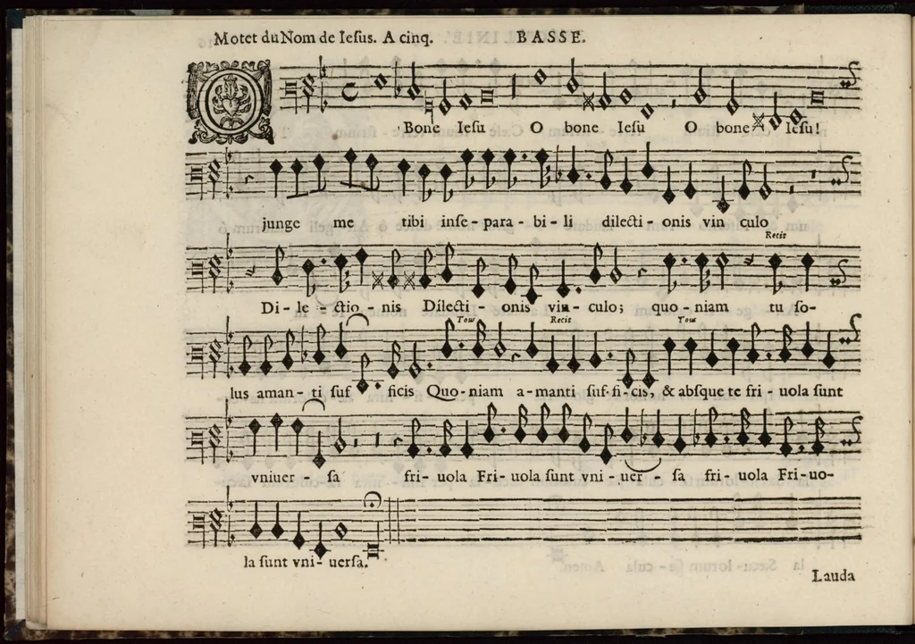 An illustration from Meslanges de sujets chrestiens, cantiques, litanies et motets. Mis en musique, à 2, 3, 4, & 5 parties, avec une Basse-continuë. Dediez à Madame la Duchesse d'Orleans. Par Estienne Moulinié de Languedoc, chef ordinaire de la musique de Son Altesse Royale Monseigneur le Duc d'Orleans. Basse., 1658, leaf 45