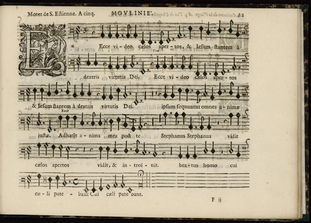 An illustration from Meslanges de sujets chrestiens, cantiques, litanies et motets. Mis en musique, à 2, 3, 4, & 5 parties, avec une Basse-continuë. Dediez à Madame la Duchesse d'Orleans. Par Estienne Moulinié de Languedoc, chef ordinaire de la musique de Son Altesse Royale Monseigneur le Duc d'Orleans. Basse., 1658, leaf 56