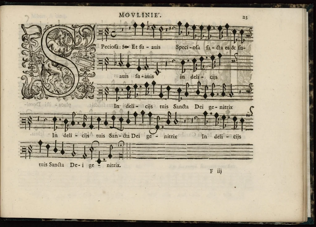 An illustration from Meslanges de sujets chrestiens, cantiques, litanies et motets. Mis en musique, à 2, 3, 4, & 5 parties, avec une Basse-continuë. Dediez à Madame la Duchesse d'Orleans. Par Estienne Moulinié de Languedoc, chef ordinaire de la musique de Son Altesse Royale Monseigneur le Duc d'Orleans. Basse., 1658, leaf 58