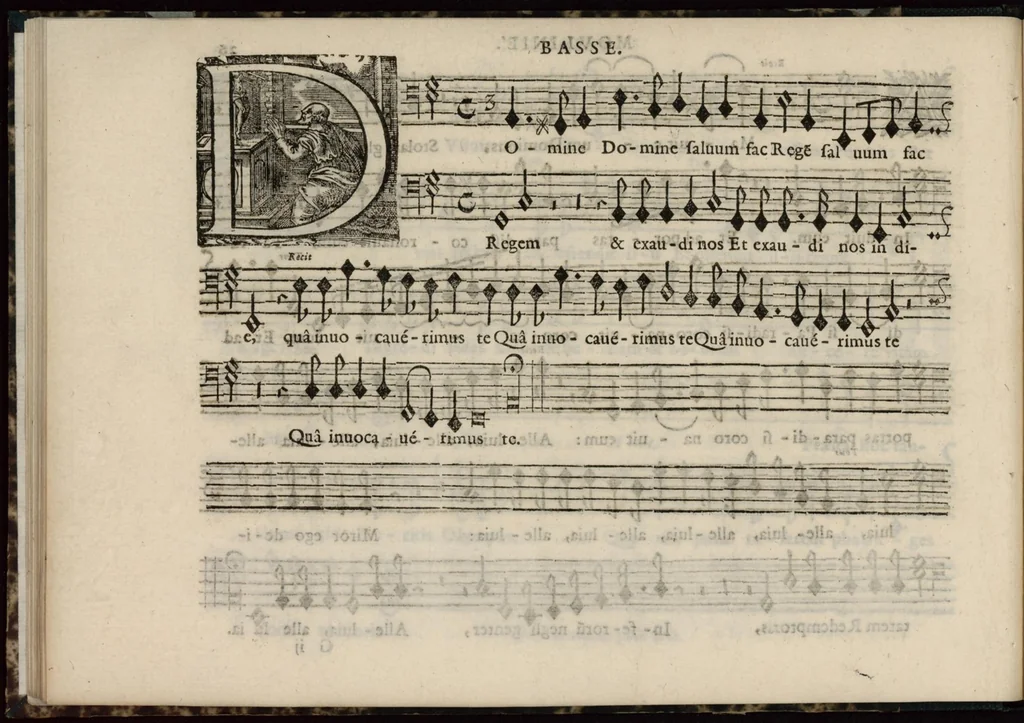 An illustration from Meslanges de sujets chrestiens, cantiques, litanies et motets. Mis en musique, à 2, 3, 4, & 5 parties, avec une Basse-continuë. Dediez à Madame la Duchesse d'Orleans. Par Estienne Moulinié de Languedoc, chef ordinaire de la musique de Son Altesse Royale Monseigneur le Duc d'Orleans. Basse., 1658, leaf 65
