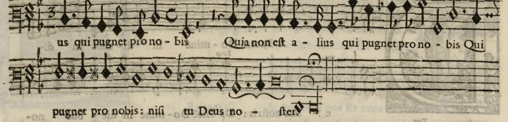 An illustration from Meslanges de sujets chrestiens, cantiques, litanies et motets. Mis en musique, à 2, 3, 4, & 5 parties, avec une Basse-continuë. Dediez à Madame la Duchesse d'Orleans. Par Estienne Moulinié de Languedoc, chef ordinaire de la musique de Son Altesse Royale Monseigneur le Duc d'Orleans. Basse., 1658, leaf 67
