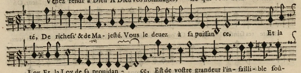 An illustration from Meslanges de sujets chrestiens, cantiques, litanies et motets. Mis en musique, à 2, 3, 4, & 5 parties, avec une Basse-continuë. Dediez à Madame la Duchesse d'Orleans. Par Estienne Moulinié de Languedoc, chef ordinaire de la musique de Son Altesse Royale Monseigneur le Duc d'Orleans. Basse., 1658, leaf 83