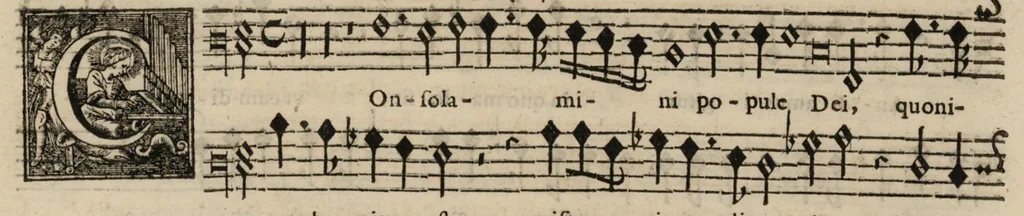 An illustration from Meslanges de sujets chrestiens, cantiques, litanies et motets. Mis en musique, à 2, 3, 4, & 5 parties, avec une Basse-continuë. Dediez à Madame la Duchesse d'Orleans. Par Estienne Moulinié de Languedoc, chef ordinaire de la musique de Son Altesse Royale Monseigneur le Duc d'Orleans. Basse., 1658, leaf 84