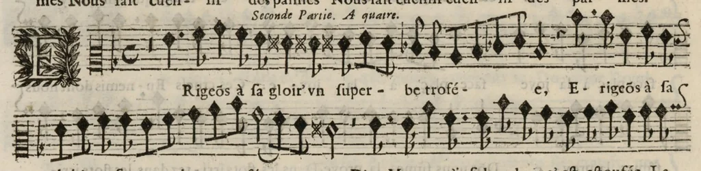 An illustration from Meslanges de sujets chrestiens, cantiques, litanies et motets. Mis en musique, à 2, 3, 4, & 5 parties, avec une Basse-continuë. Dediez à Madame la Duchesse d'Orleans. Par Estienne Moulinié de Languedoc, chef ordinaire de la musique de Son Altesse Royale Monseigneur le Duc d'Orleans. Haute-contre., 1658, leaf 23