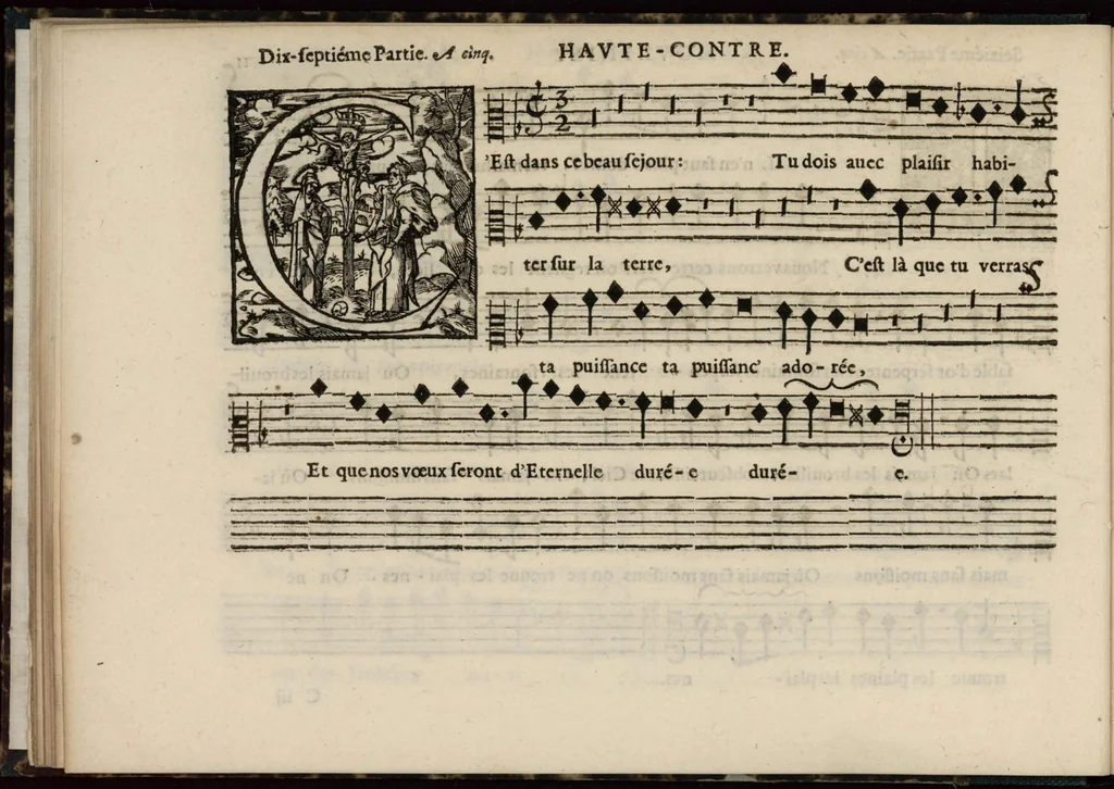 An illustration from Meslanges de sujets chrestiens, cantiques, litanies et motets. Mis en musique, à 2, 3, 4, & 5 parties, avec une Basse-continuë. Dediez à Madame la Duchesse d'Orleans. Par Estienne Moulinié de Languedoc, chef ordinaire de la musique de Son Altesse Royale Monseigneur le Duc d'Orleans. Haute-contre., 1658, leaf 35