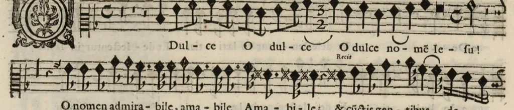 An illustration from Meslanges de sujets chrestiens, cantiques, litanies et motets. Mis en musique, à 2, 3, 4, & 5 parties, avec une Basse-continuë. Dediez à Madame la Duchesse d'Orleans. Par Estienne Moulinié de Languedoc, chef ordinaire de la musique de Son Altesse Royale Monseigneur le Duc d'Orleans. Haute-contre., 1658, leaf 43
