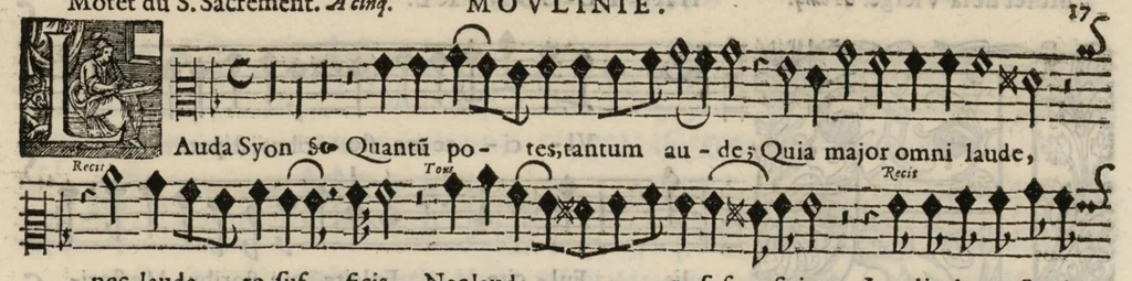 An illustration from Meslanges de sujets chrestiens, cantiques, litanies et motets. Mis en musique, à 2, 3, 4, & 5 parties, avec une Basse-continuë. Dediez à Madame la Duchesse d'Orleans. Par Estienne Moulinié de Languedoc, chef ordinaire de la musique de Son Altesse Royale Monseigneur le Duc d'Orleans. Haute-contre., 1658, leaf 46