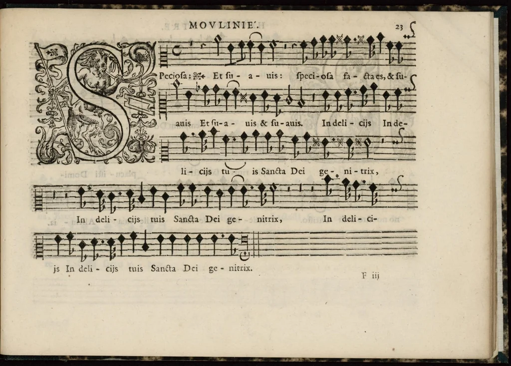 An illustration from Meslanges de sujets chrestiens, cantiques, litanies et motets. Mis en musique, à 2, 3, 4, & 5 parties, avec une Basse-continuë. Dediez à Madame la Duchesse d'Orleans. Par Estienne Moulinié de Languedoc, chef ordinaire de la musique de Son Altesse Royale Monseigneur le Duc d'Orleans. Haute-contre., 1658, leaf 58