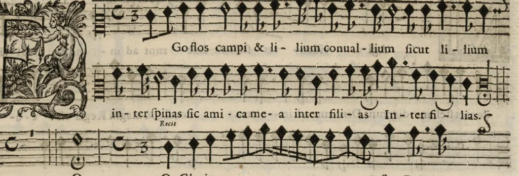 An illustration from Meslanges de sujets chrestiens, cantiques, litanies et motets. Mis en musique, à 2, 3, 4, & 5 parties, avec une Basse-continuë. Dediez à Madame la Duchesse d'Orleans. Par Estienne Moulinié de Languedoc, chef ordinaire de la musique de Son Altesse Royale Monseigneur le Duc d'Orleans. Haute-contre., 1658, leaf 60