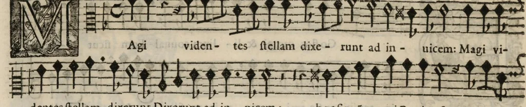 An illustration from Meslanges de sujets chrestiens, cantiques, litanies et motets. Mis en musique, à 2, 3, 4, & 5 parties, avec une Basse-continuë. Dediez à Madame la Duchesse d'Orleans. Par Estienne Moulinié de Languedoc, chef ordinaire de la musique de Son Altesse Royale Monseigneur le Duc d'Orleans. Haute-contre., 1658, leaf 61