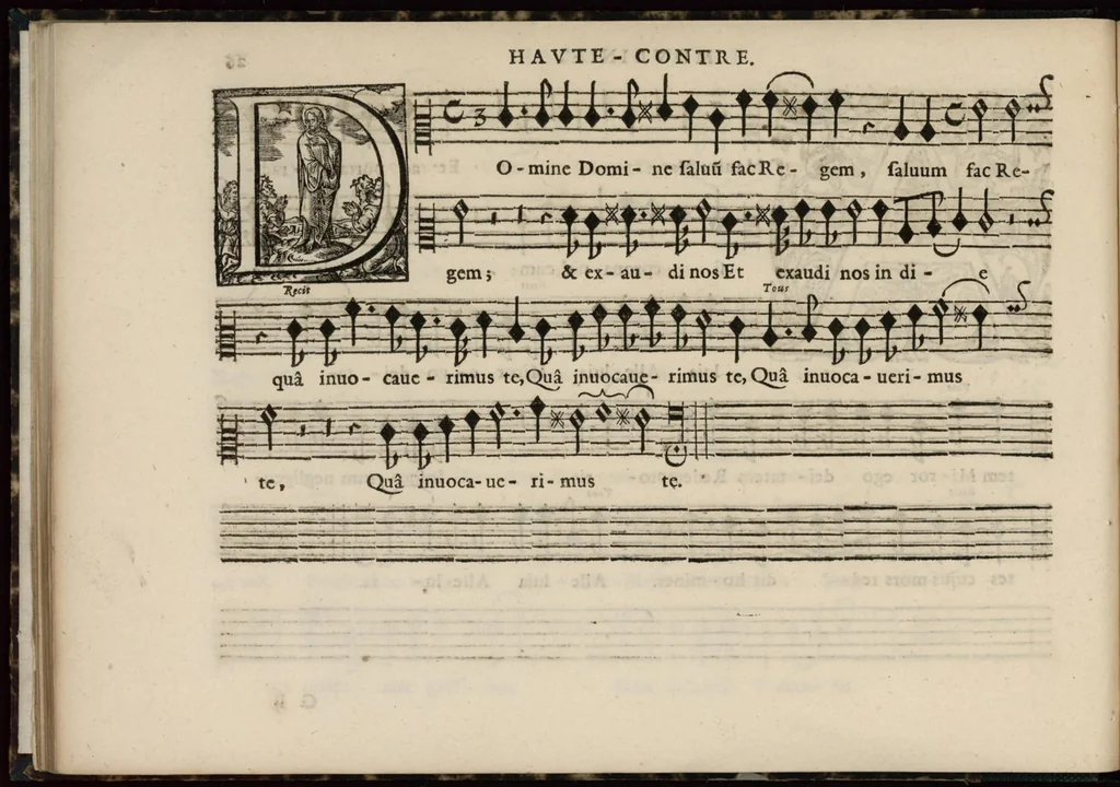 An illustration from Meslanges de sujets chrestiens, cantiques, litanies et motets. Mis en musique, à 2, 3, 4, & 5 parties, avec une Basse-continuë. Dediez à Madame la Duchesse d'Orleans. Par Estienne Moulinié de Languedoc, chef ordinaire de la musique de Son Altesse Royale Monseigneur le Duc d'Orleans. Haute-contre., 1658, leaf 65
