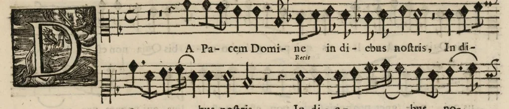 An illustration from Meslanges de sujets chrestiens, cantiques, litanies et motets. Mis en musique, à 2, 3, 4, & 5 parties, avec une Basse-continuë. Dediez à Madame la Duchesse d'Orleans. Par Estienne Moulinié de Languedoc, chef ordinaire de la musique de Son Altesse Royale Monseigneur le Duc d'Orleans. Haute-contre., 1658, leaf 66
