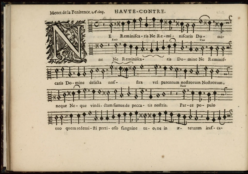An illustration from Meslanges de sujets chrestiens, cantiques, litanies et motets. Mis en musique, à 2, 3, 4, & 5 parties, avec une Basse-continuë. Dediez à Madame la Duchesse d'Orleans. Par Estienne Moulinié de Languedoc, chef ordinaire de la musique de Son Altesse Royale Monseigneur le Duc d'Orleans. Haute-contre., 1658, leaf 71