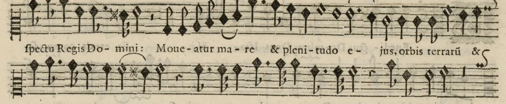 An illustration from Meslanges de sujets chrestiens, cantiques, litanies et motets. Mis en musique, à 2, 3, 4, & 5 parties, avec une Basse-continuë. Dediez à Madame la Duchesse d'Orleans. Par Estienne Moulinié de Languedoc, chef ordinaire de la musique de Son Altesse Royale Monseigneur le Duc d'Orleans. Haute-contre., 1658, leaf 74