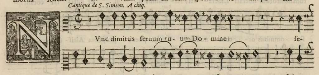 An illustration from Meslanges de sujets chrestiens, cantiques, litanies et motets. Mis en musique, à 2, 3, 4, & 5 parties, avec une Basse-continuë. Dediez à Madame la Duchesse d'Orleans. Par Estienne Moulinié de Languedoc, chef ordinaire de la musique de Son Altesse Royale Monseigneur le Duc d'Orleans. Haute-contre., 1658, leaf 77