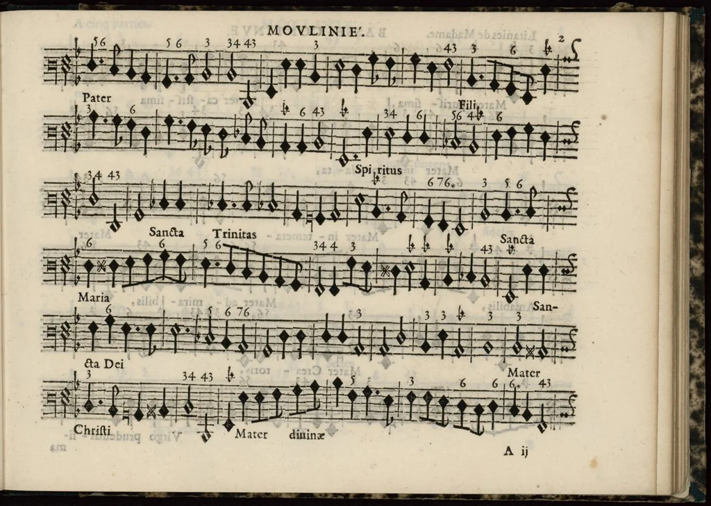 An illustration from Meslanges de sujets chrestiens, cantiques, litanies et motets. Mis en musique, à 2, 3, 4, & 5 parties, avec une Basse-continuë. Dediez à Madame la Duchesse d'Orleans. Par Estienne Moulinié de Languedoc, chef ordinaire de la musique de Son Altesse Royale Monseigneur le Duc d'Orleans. Basse-continue., 1658, leaf 16