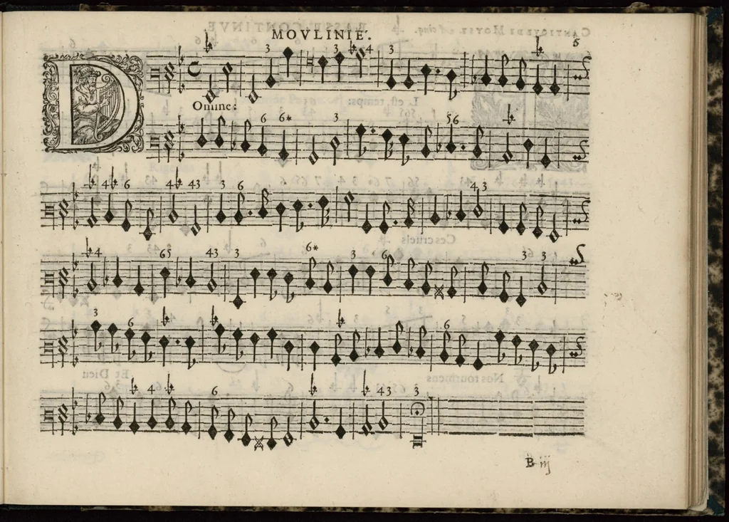 An illustration from Meslanges de sujets chrestiens, cantiques, litanies et motets. Mis en musique, à 2, 3, 4, & 5 parties, avec une Basse-continuë. Dediez à Madame la Duchesse d'Orleans. Par Estienne Moulinié de Languedoc, chef ordinaire de la musique de Son Altesse Royale Monseigneur le Duc d'Orleans. Basse-continue., 1658, leaf 22