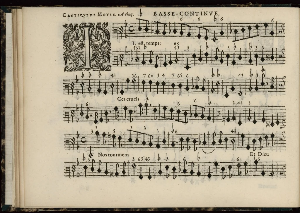 An illustration from Meslanges de sujets chrestiens, cantiques, litanies et motets. Mis en musique, à 2, 3, 4, & 5 parties, avec une Basse-continuë. Dediez à Madame la Duchesse d'Orleans. Par Estienne Moulinié de Languedoc, chef ordinaire de la musique de Son Altesse Royale Monseigneur le Duc d'Orleans. Basse-continue., 1658, leaf 23