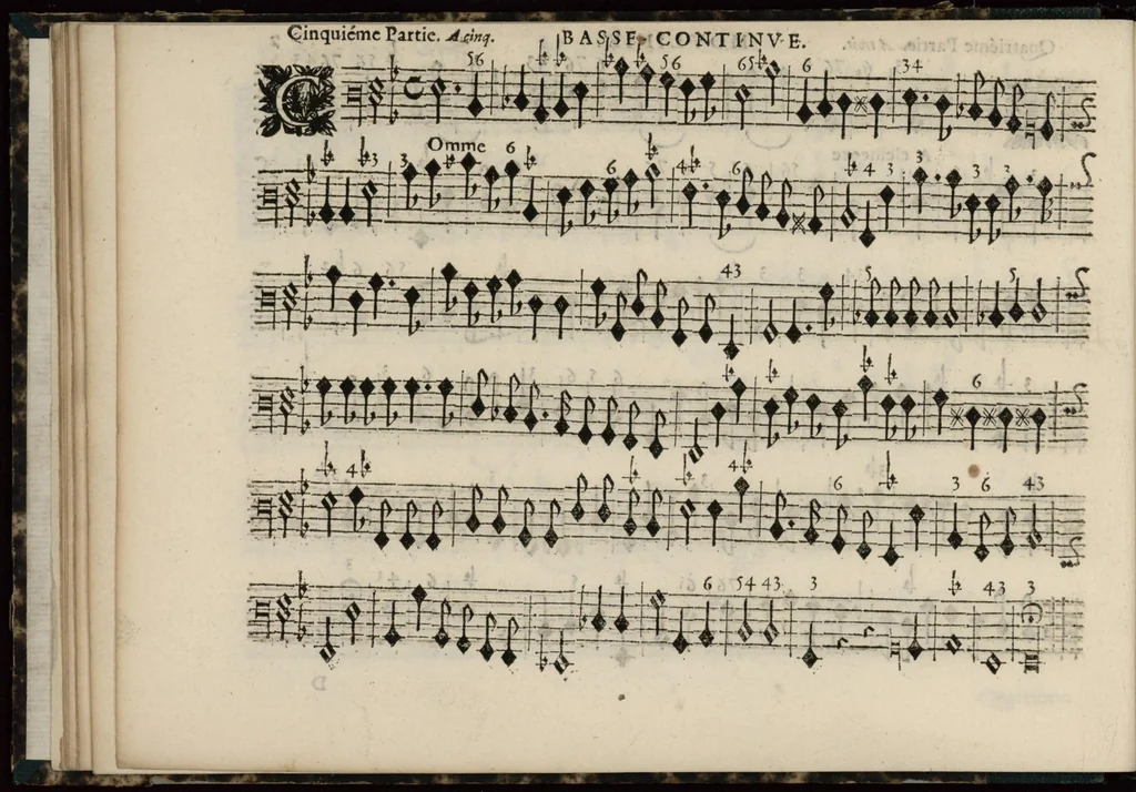 An illustration from Meslanges de sujets chrestiens, cantiques, litanies et motets. Mis en musique, à 2, 3, 4, & 5 parties, avec une Basse-continuë. Dediez à Madame la Duchesse d'Orleans. Par Estienne Moulinié de Languedoc, chef ordinaire de la musique de Son Altesse Royale Monseigneur le Duc d'Orleans. Basse-continue., 1658, leaf 27