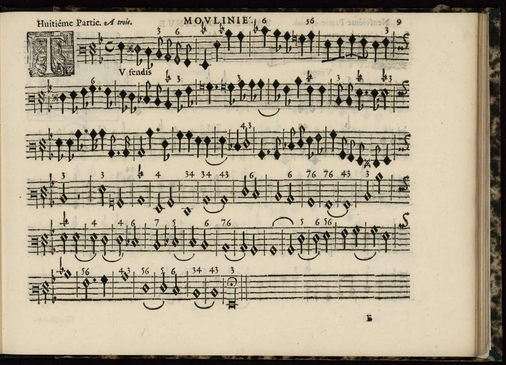 An illustration from Meslanges de sujets chrestiens, cantiques, litanies et motets. Mis en musique, à 2, 3, 4, & 5 parties, avec une Basse-continuë. Dediez à Madame la Duchesse d'Orleans. Par Estienne Moulinié de Languedoc, chef ordinaire de la musique de Son Altesse Royale Monseigneur le Duc d'Orleans. Basse-continue., 1658, leaf 30