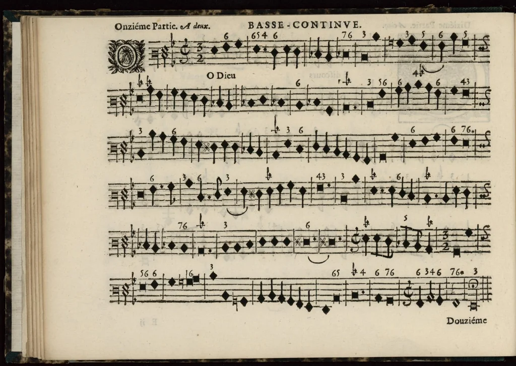 An illustration from Meslanges de sujets chrestiens, cantiques, litanies et motets. Mis en musique, à 2, 3, 4, & 5 parties, avec une Basse-continuë. Dediez à Madame la Duchesse d'Orleans. Par Estienne Moulinié de Languedoc, chef ordinaire de la musique de Son Altesse Royale Monseigneur le Duc d'Orleans. Basse-continue., 1658, leaf 33