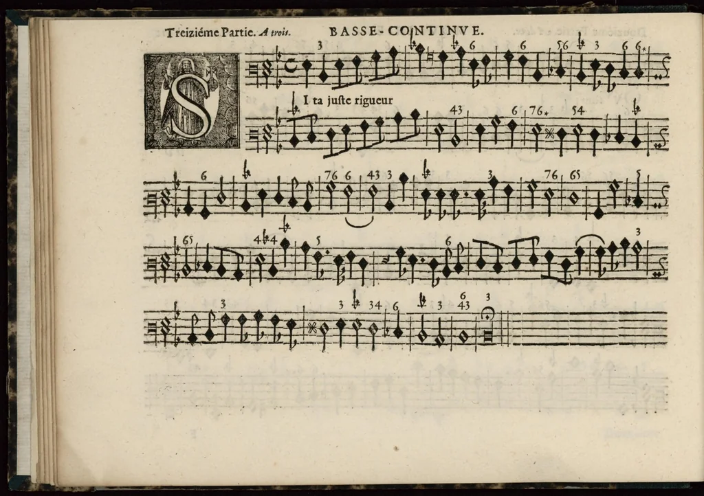An illustration from Meslanges de sujets chrestiens, cantiques, litanies et motets. Mis en musique, à 2, 3, 4, & 5 parties, avec une Basse-continuë. Dediez à Madame la Duchesse d'Orleans. Par Estienne Moulinié de Languedoc, chef ordinaire de la musique de Son Altesse Royale Monseigneur le Duc d'Orleans. Basse-continue., 1658, leaf 35