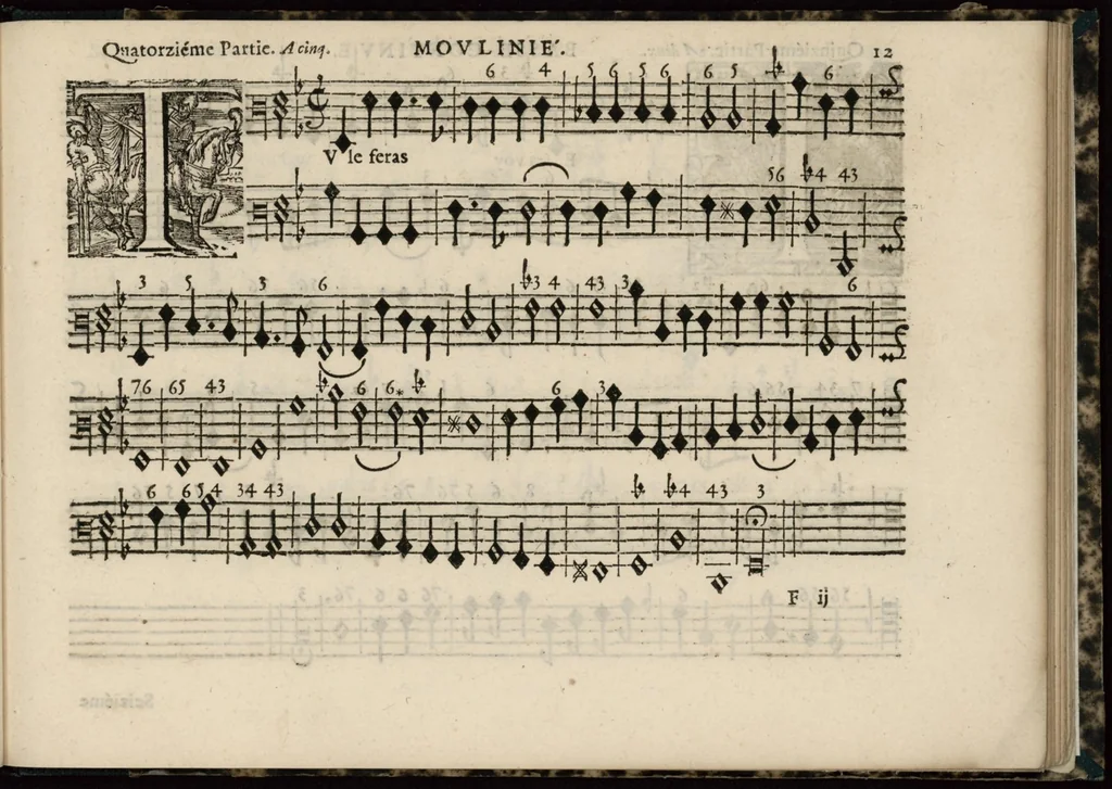 An illustration from Meslanges de sujets chrestiens, cantiques, litanies et motets. Mis en musique, à 2, 3, 4, & 5 parties, avec une Basse-continuë. Dediez à Madame la Duchesse d'Orleans. Par Estienne Moulinié de Languedoc, chef ordinaire de la musique de Son Altesse Royale Monseigneur le Duc d'Orleans. Basse-continue., 1658, leaf 36