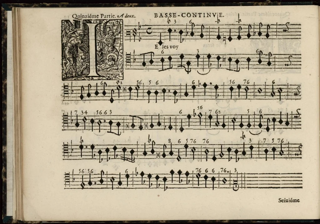 An illustration from Meslanges de sujets chrestiens, cantiques, litanies et motets. Mis en musique, à 2, 3, 4, & 5 parties, avec une Basse-continuë. Dediez à Madame la Duchesse d'Orleans. Par Estienne Moulinié de Languedoc, chef ordinaire de la musique de Son Altesse Royale Monseigneur le Duc d'Orleans. Basse-continue., 1658, leaf 37