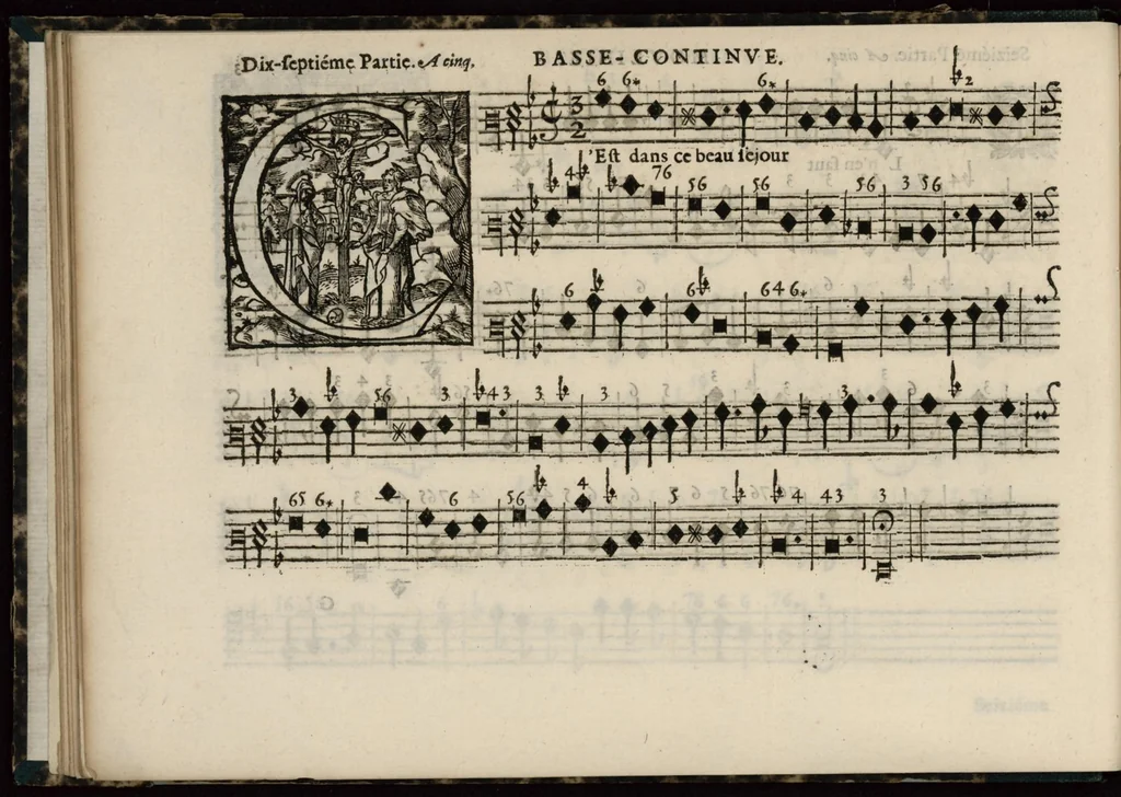 An illustration from Meslanges de sujets chrestiens, cantiques, litanies et motets. Mis en musique, à 2, 3, 4, & 5 parties, avec une Basse-continuë. Dediez à Madame la Duchesse d'Orleans. Par Estienne Moulinié de Languedoc, chef ordinaire de la musique de Son Altesse Royale Monseigneur le Duc d'Orleans. Basse-continue., 1658, leaf 39