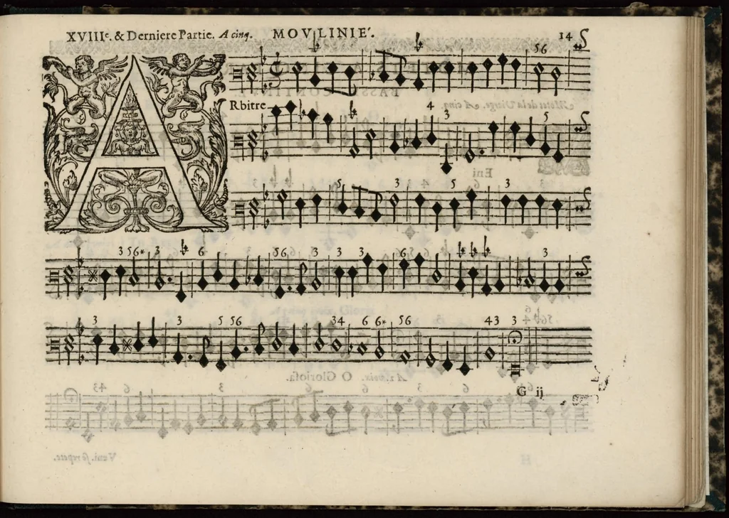 An illustration from Meslanges de sujets chrestiens, cantiques, litanies et motets. Mis en musique, à 2, 3, 4, & 5 parties, avec une Basse-continuë. Dediez à Madame la Duchesse d'Orleans. Par Estienne Moulinié de Languedoc, chef ordinaire de la musique de Son Altesse Royale Monseigneur le Duc d'Orleans. Basse-continue., 1658, leaf 40