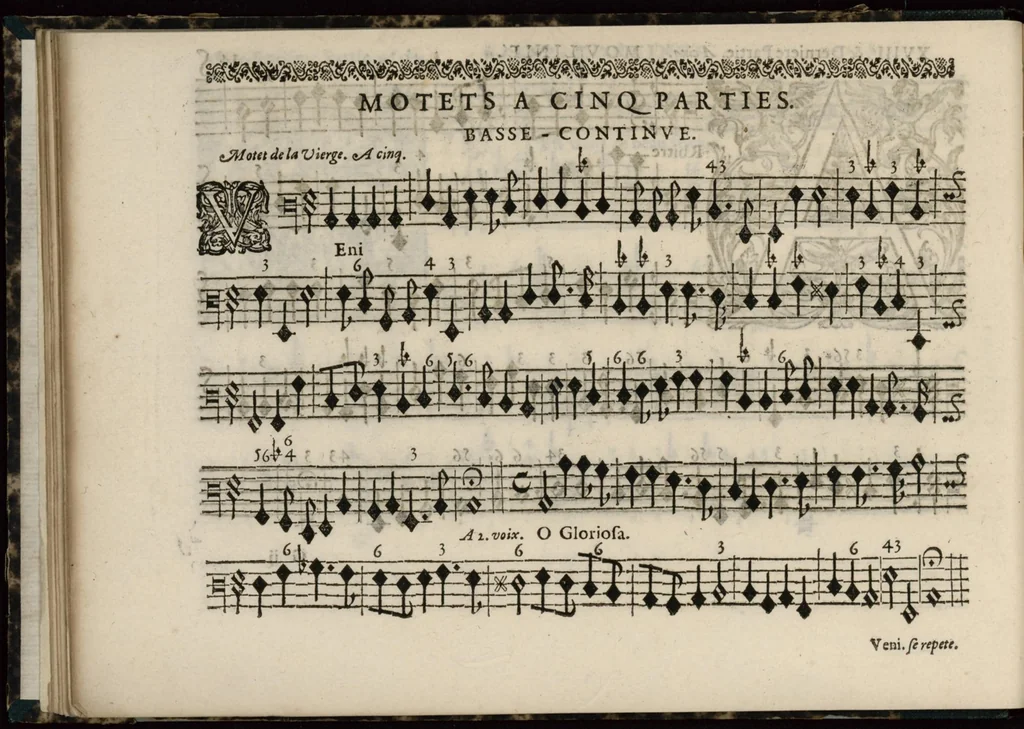 An illustration from Meslanges de sujets chrestiens, cantiques, litanies et motets. Mis en musique, à 2, 3, 4, & 5 parties, avec une Basse-continuë. Dediez à Madame la Duchesse d'Orleans. Par Estienne Moulinié de Languedoc, chef ordinaire de la musique de Son Altesse Royale Monseigneur le Duc d'Orleans. Basse-continue., 1658, leaf 41