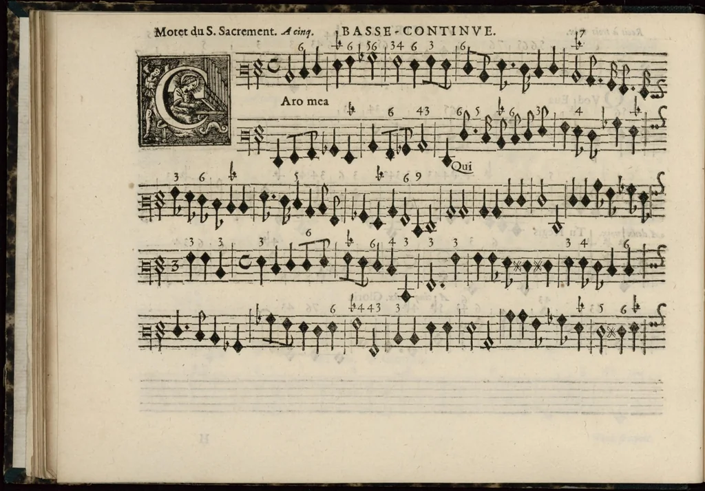 An illustration from Meslanges de sujets chrestiens, cantiques, litanies et motets. Mis en musique, à 2, 3, 4, & 5 parties, avec une Basse-continuë. Dediez à Madame la Duchesse d'Orleans. Par Estienne Moulinié de Languedoc, chef ordinaire de la musique de Son Altesse Royale Monseigneur le Duc d'Orleans. Basse-continue., 1658, leaf 43