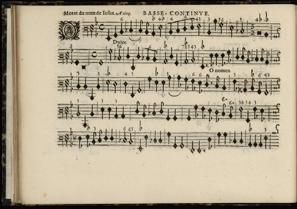 An illustration from Meslanges de sujets chrestiens, cantiques, litanies et motets. Mis en musique, à 2, 3, 4, & 5 parties, avec une Basse-continuë. Dediez à Madame la Duchesse d'Orleans. Par Estienne Moulinié de Languedoc, chef ordinaire de la musique de Son Altesse Royale Monseigneur le Duc d'Orleans. Basse-continue., 1658, leaf 47