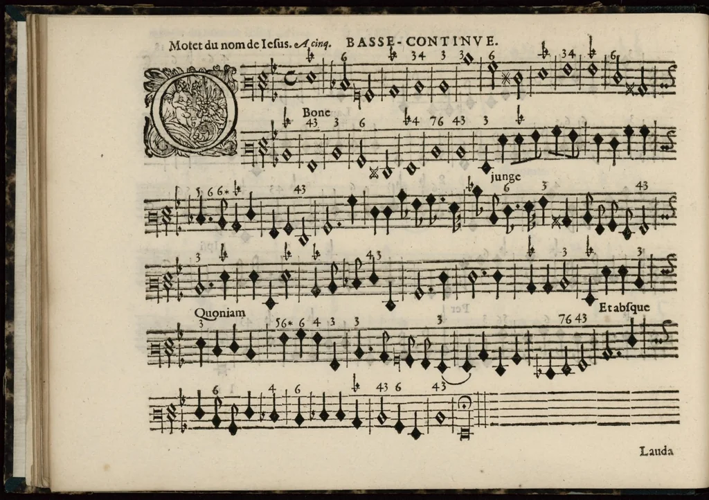 An illustration from Meslanges de sujets chrestiens, cantiques, litanies et motets. Mis en musique, à 2, 3, 4, & 5 parties, avec une Basse-continuë. Dediez à Madame la Duchesse d'Orleans. Par Estienne Moulinié de Languedoc, chef ordinaire de la musique de Son Altesse Royale Monseigneur le Duc d'Orleans. Basse-continue., 1658, leaf 49