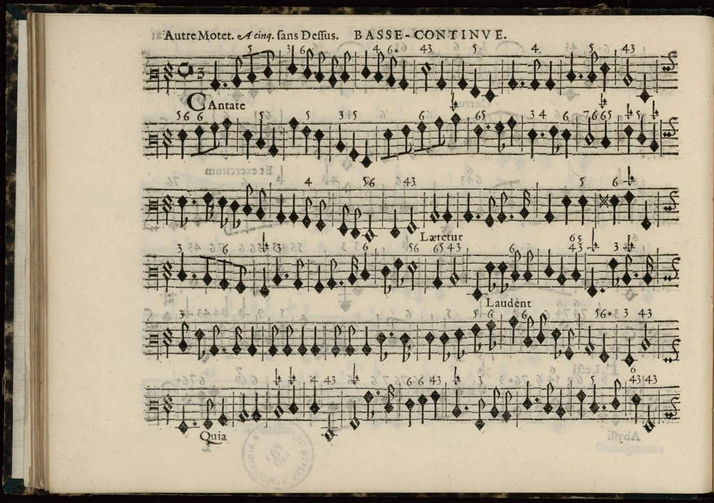 An illustration from Meslanges de sujets chrestiens, cantiques, litanies et motets. Mis en musique, à 2, 3, 4, & 5 parties, avec une Basse-continuë. Dediez à Madame la Duchesse d'Orleans. Par Estienne Moulinié de Languedoc, chef ordinaire de la musique de Son Altesse Royale Monseigneur le Duc d'Orleans. Basse-continue., 1658, leaf 55