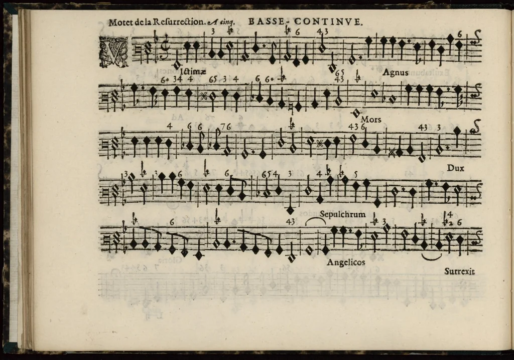 An illustration from Meslanges de sujets chrestiens, cantiques, litanies et motets. Mis en musique, à 2, 3, 4, & 5 parties, avec une Basse-continuë. Dediez à Madame la Duchesse d'Orleans. Par Estienne Moulinié de Languedoc, chef ordinaire de la musique de Son Altesse Royale Monseigneur le Duc d'Orleans. Basse-continue., 1658, leaf 57